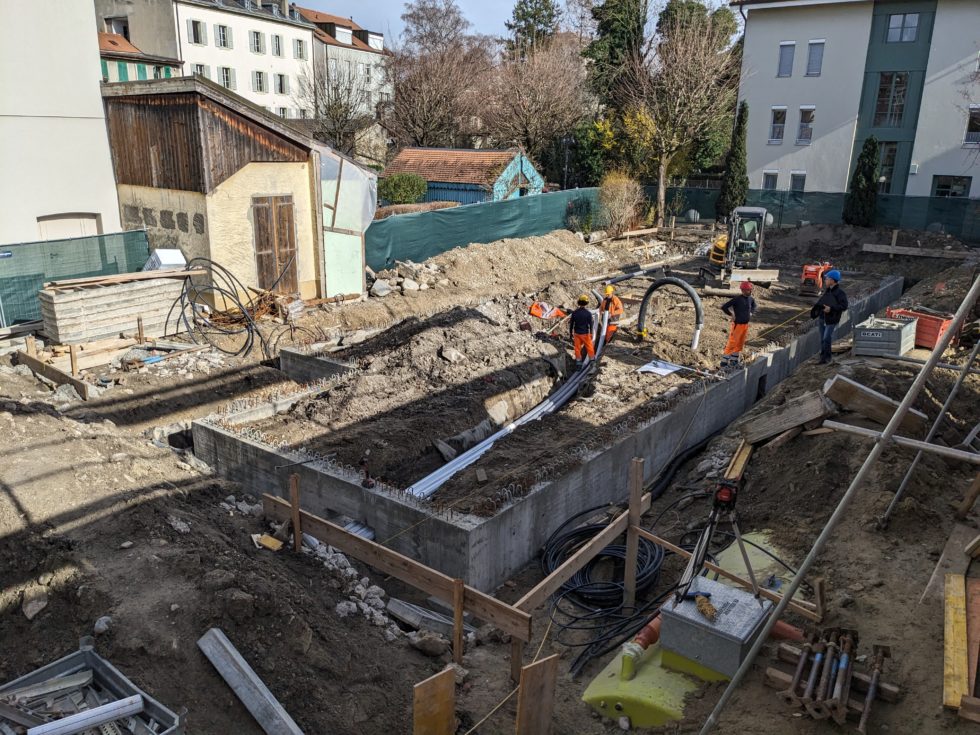 Bât. D : canalisations sous radier, en cours (état 26.02.2024)